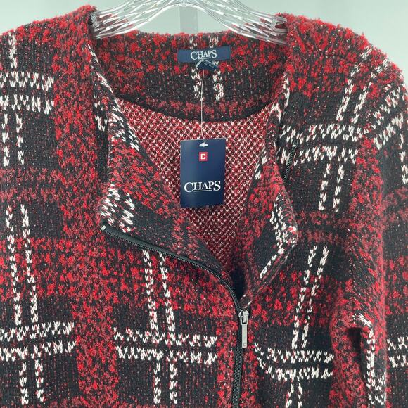 Chaps Red Blue Plaid Knit Asymmetrical Zip Moto Sweater Jacket M NWT - Picture 5 of 14